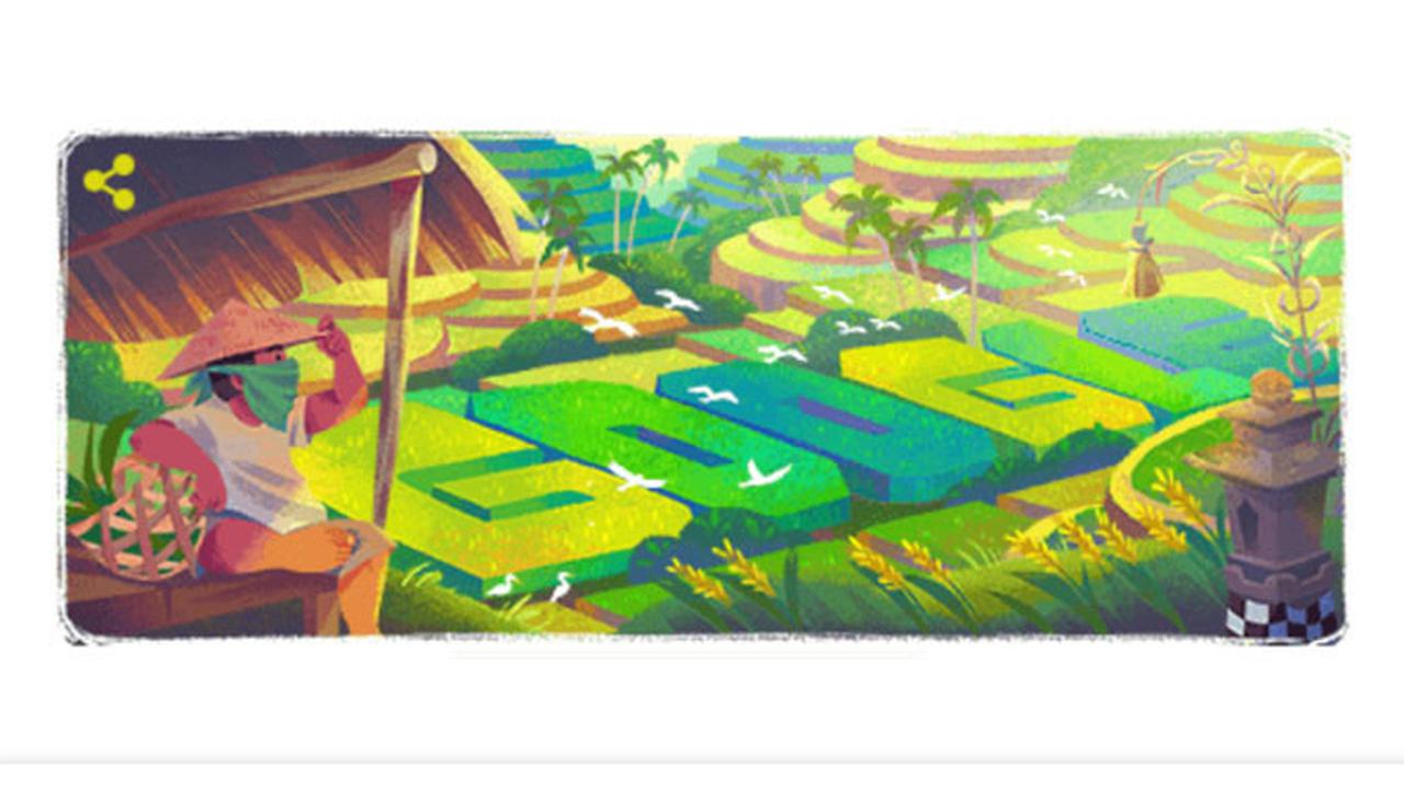 Ilustrasi Subak Bali yang ditampilkan Google Doodle pada Senin (29/06/2020). Foto: Tangkapan layar Google